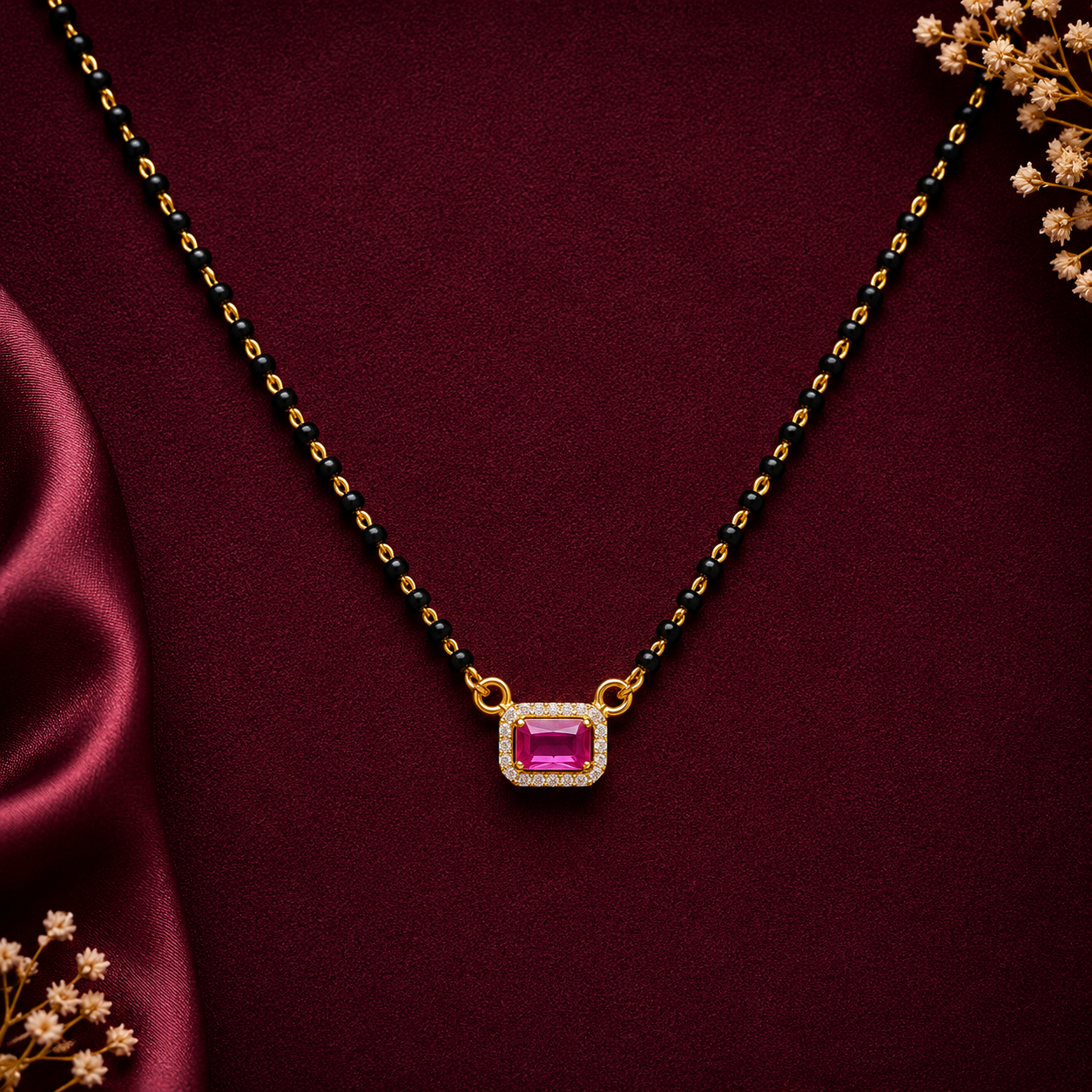 Pink Sapphire Style Black Beads Chain JL