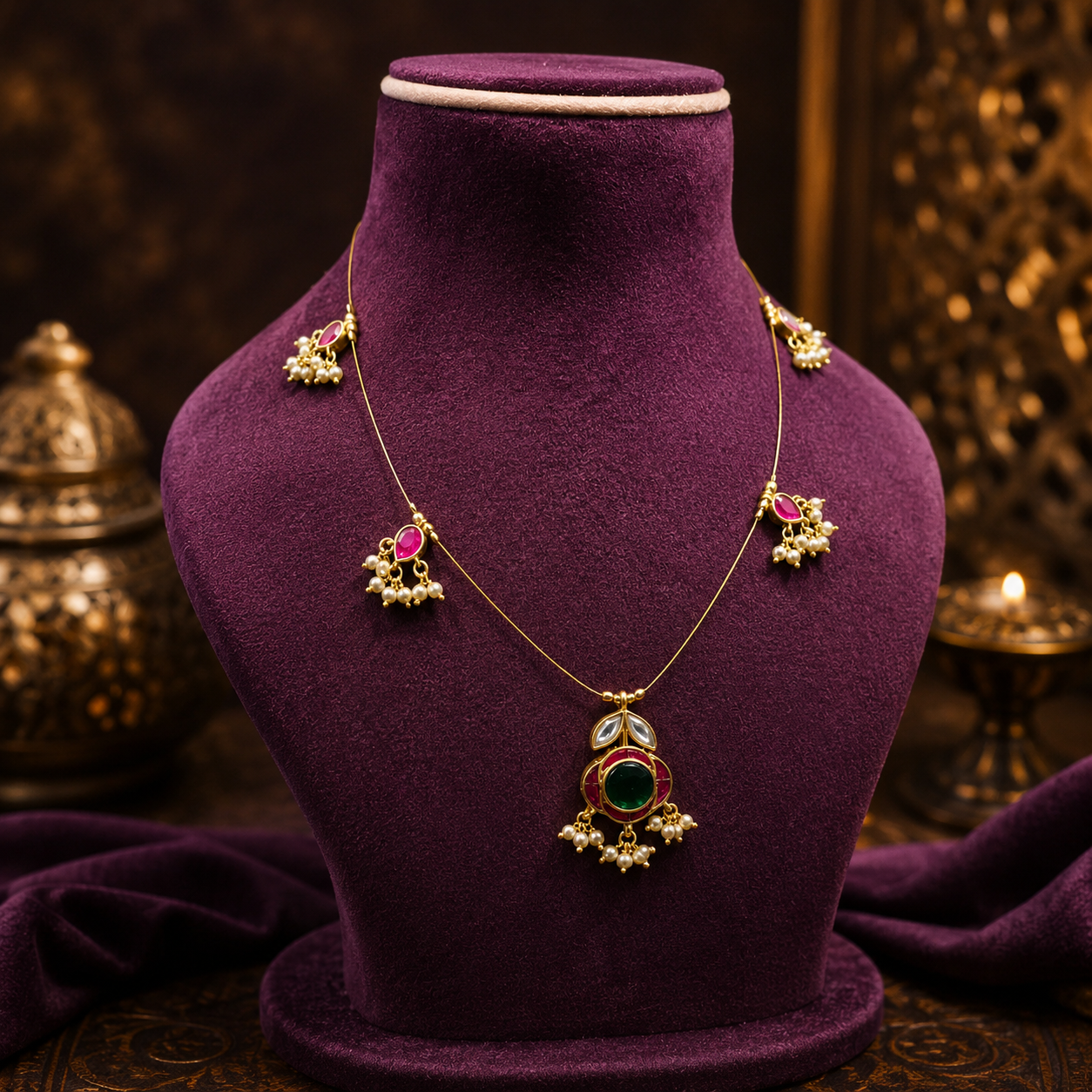 Emerald Accent Invisible Kundan Necklace Gold Finish – 925 Sterling Silver