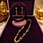 Royal Fuchsia Bead Mutter Mala Set in 925 Sterling Silver – Gold Finish Necklace & Earrings