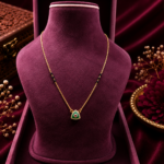 Emerald Accent Pendant Black Beads Mangalsutra Chain in 925 Sterling Silver Gold Finish