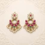 Pink Kundan Floral Chandbali Earrings with Pearl Accents