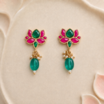 Lotus Pink & Green Kundan Bead Drop Earrings