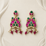 Peacock Motif Pink & Green Kundan Drop Earrings